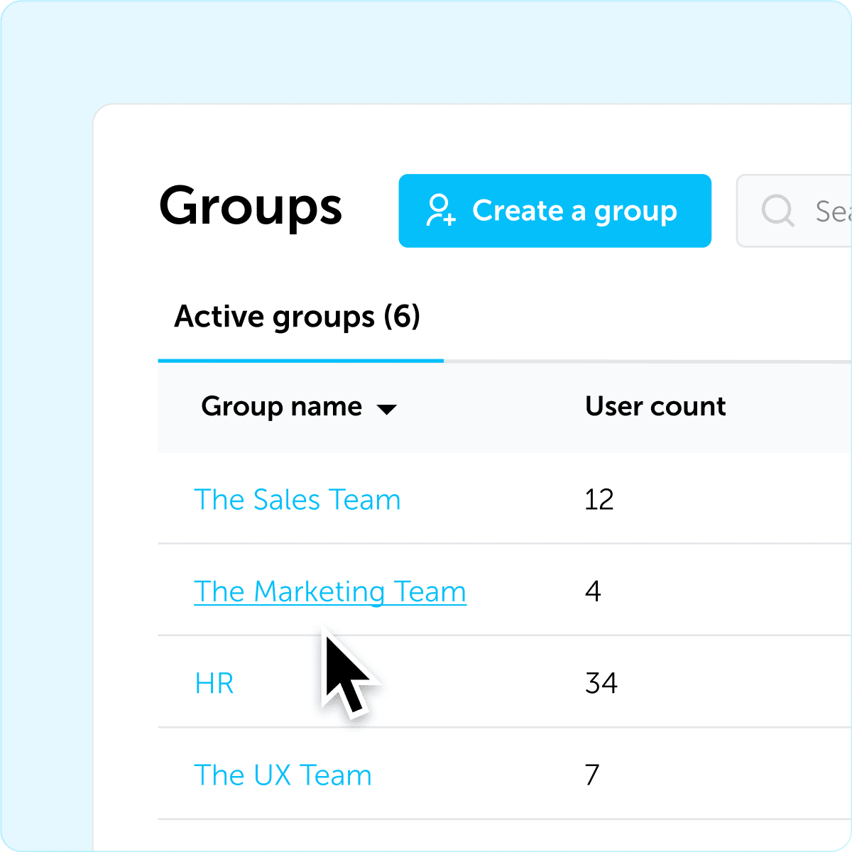 Cursor in active groups tabs with create a group button