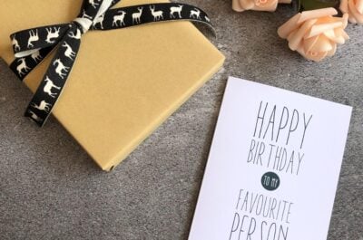Happy birthday card with gift wrapped box
