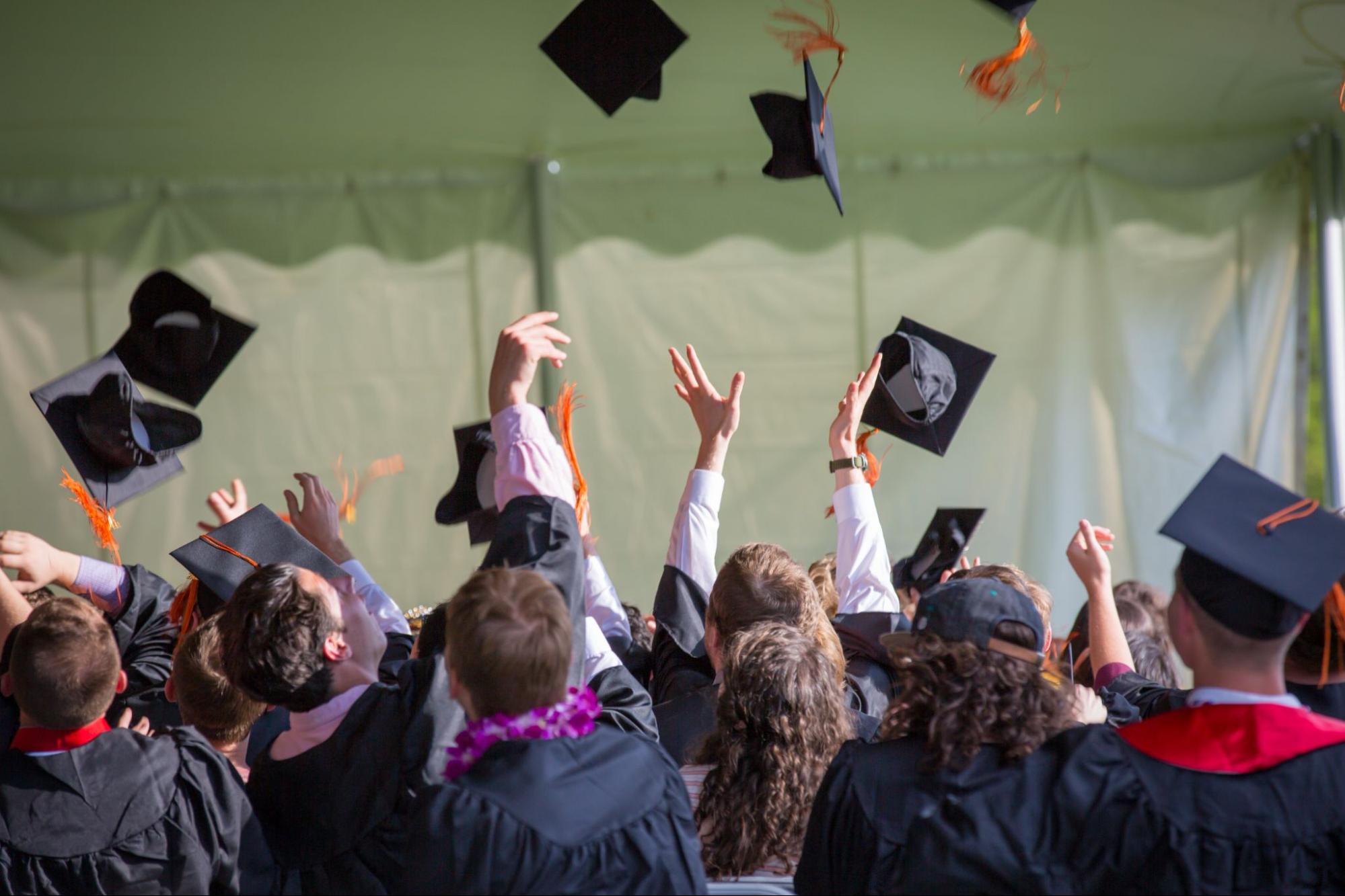 Graduates tossing caps in the air