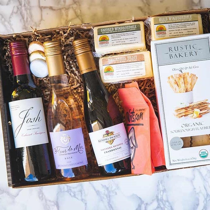 Gift box with wine and cheese