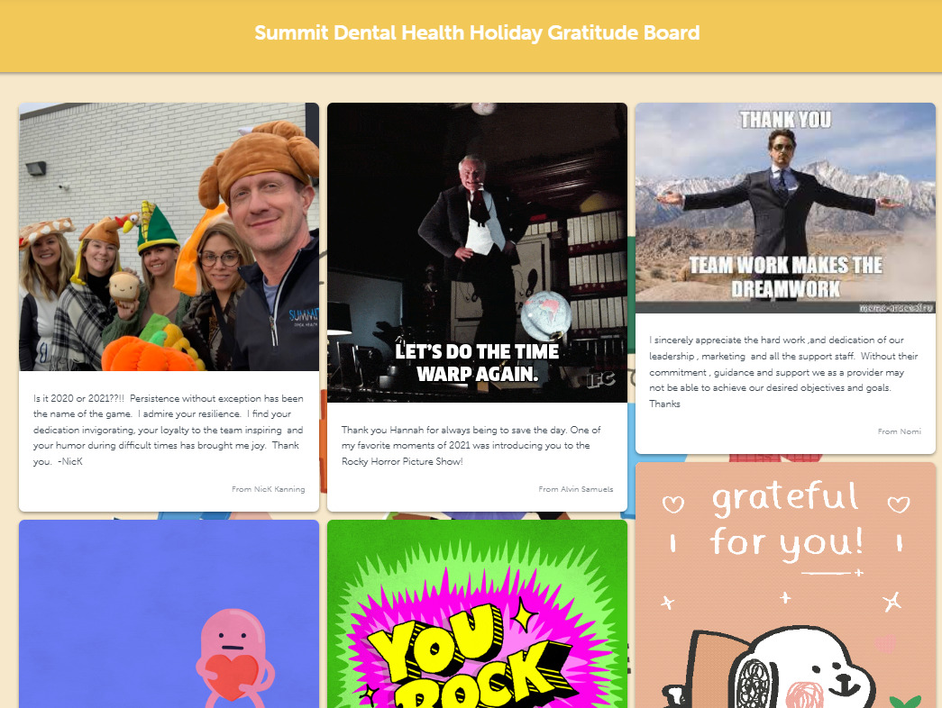Kudoboard for employee motivation full of company culture messages