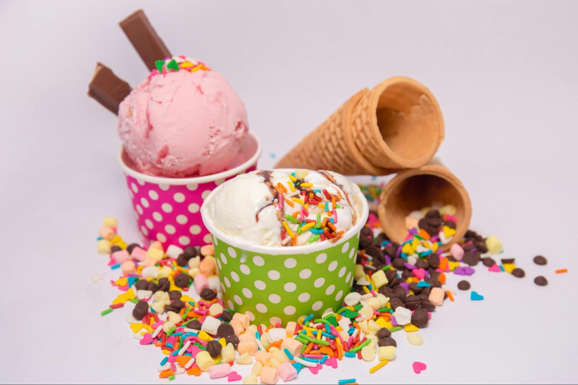 Ice cream cups, cones, and sprinkles