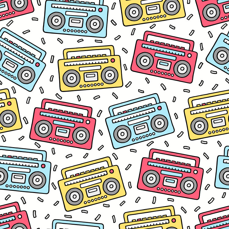 red, yellow, and blue boomboxes on a birthday card background