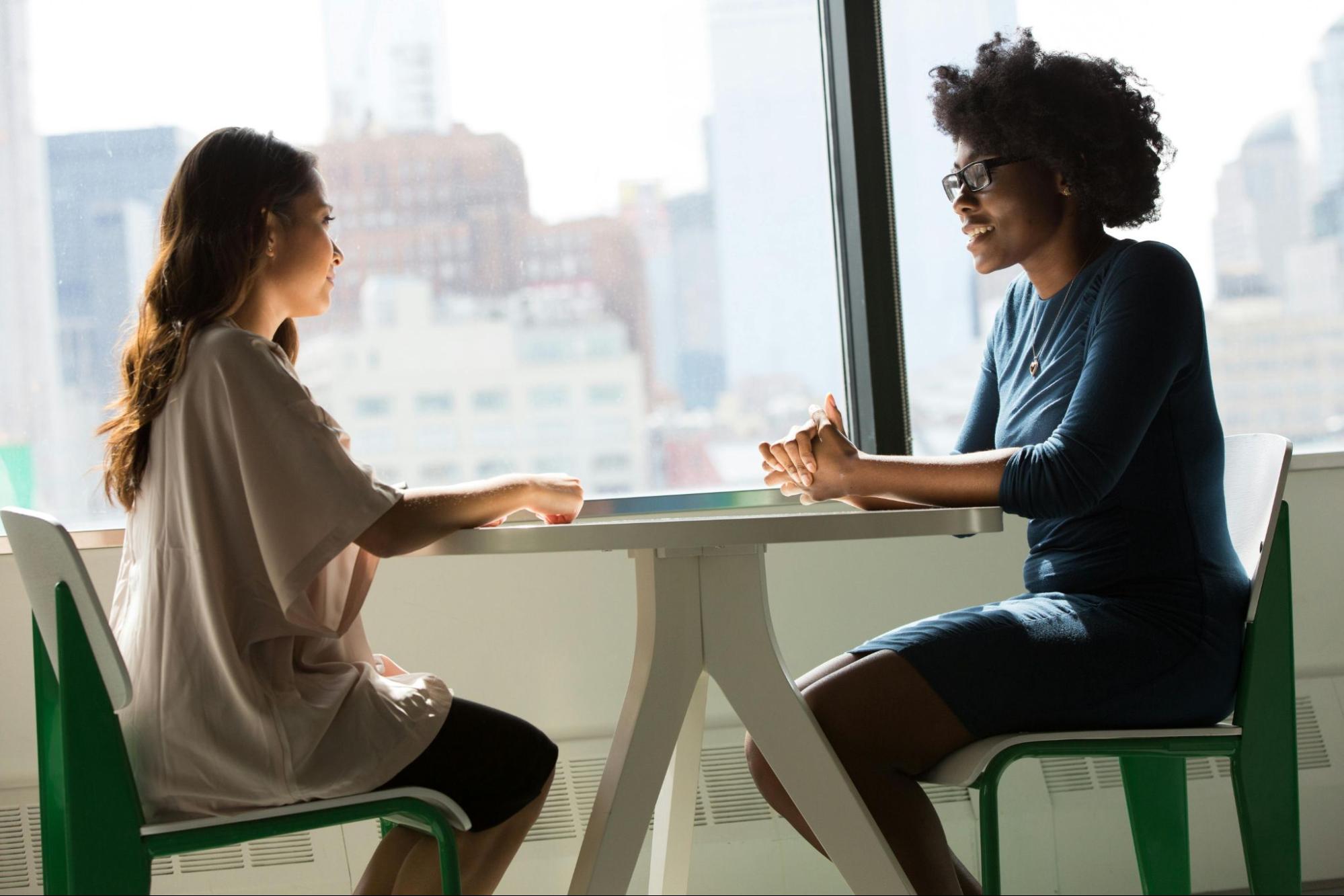 Friends sharing work anniversary wishes at table