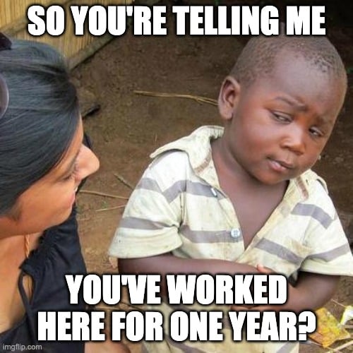 Skeptical kid work anniversary meme