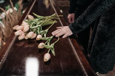 Funeral service with flowers on casket