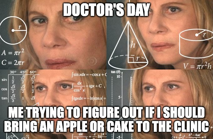 Calculations meme about Doctor's Day cake or apple