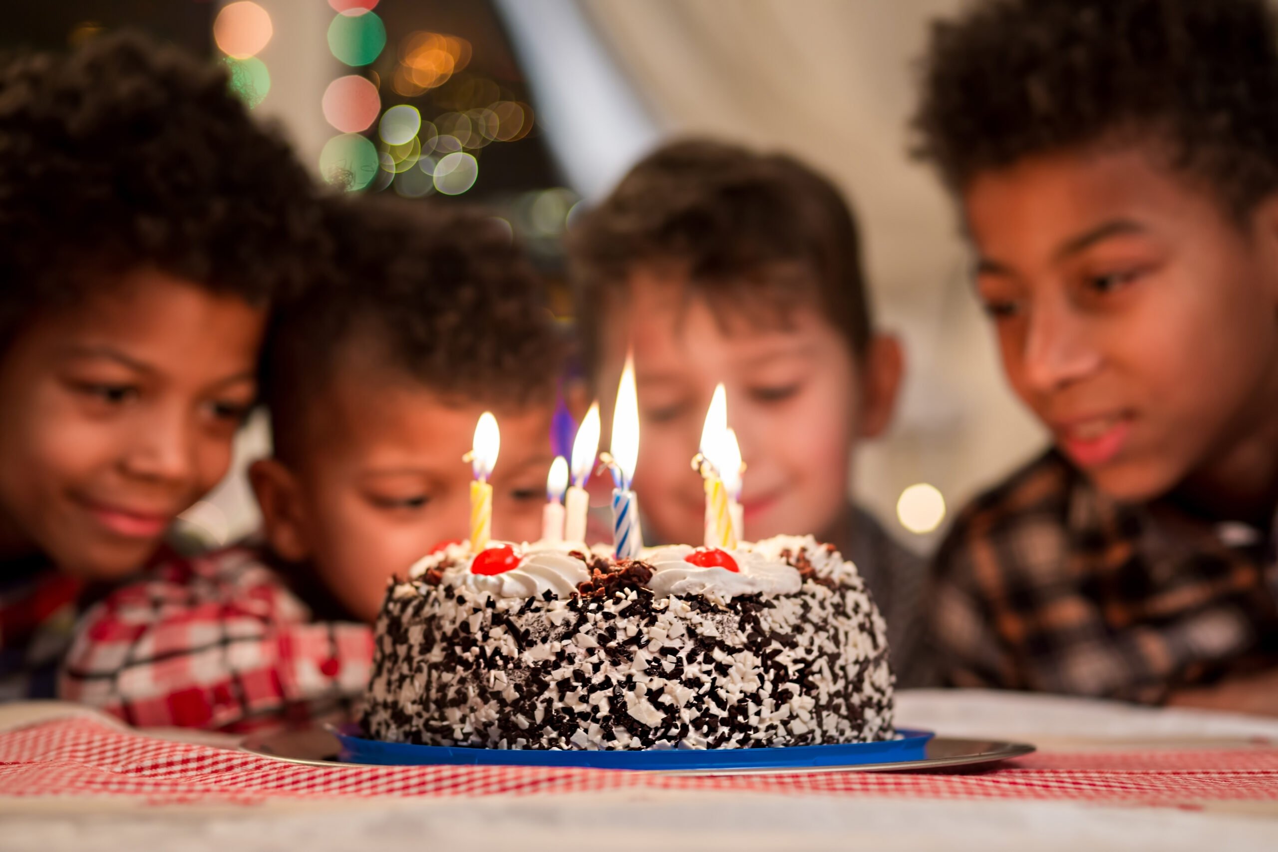 Smiling boys near birthday cake