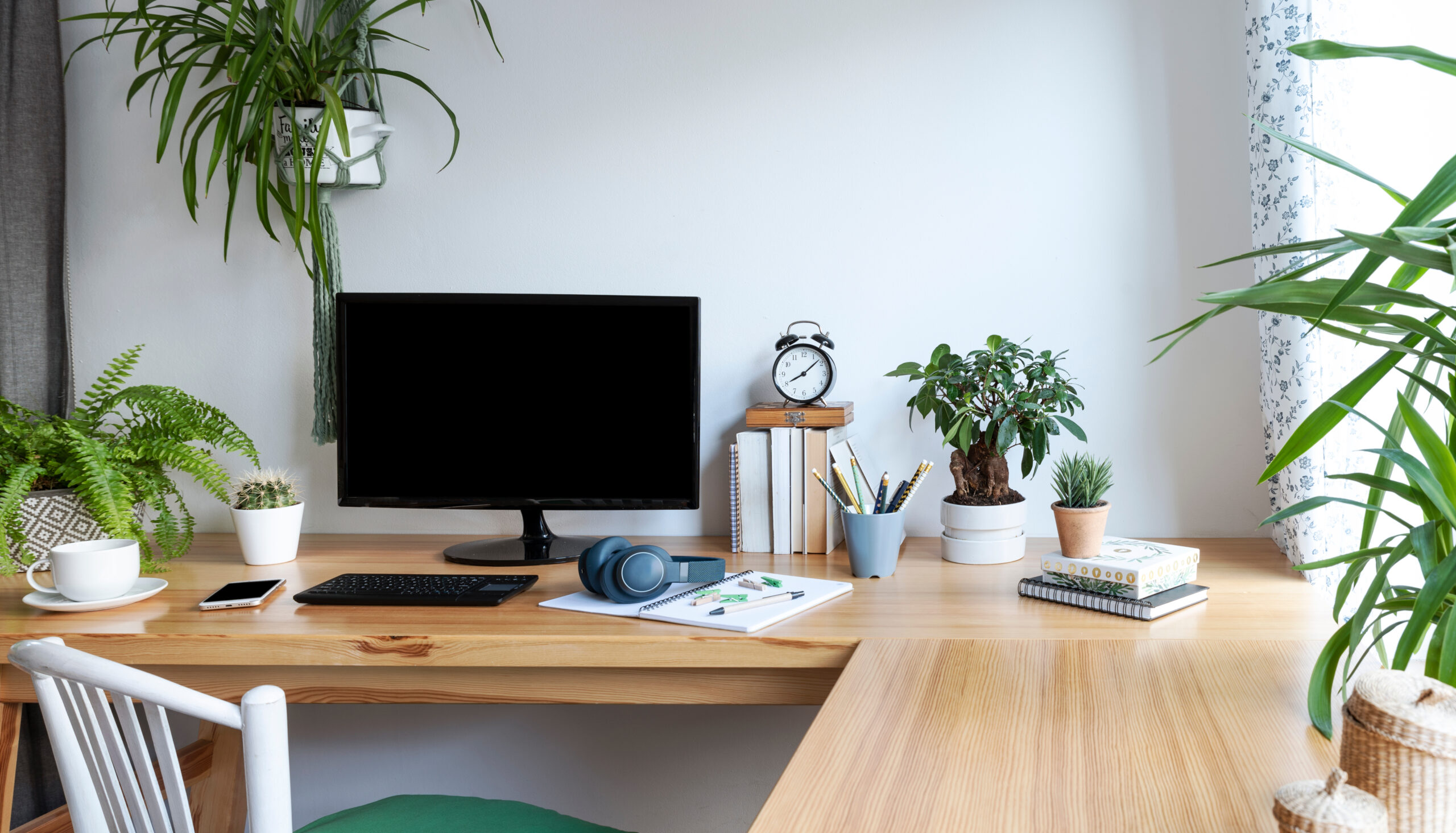 Desk covered in plants and other desk accessories