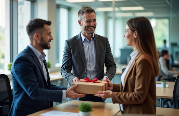 Two coworkers in a business setting giving a group gift to a third coworker