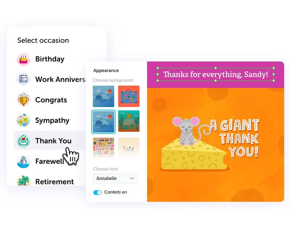 A cursor hand selects a Thank You ecard from a list of options. A menu shows appearance options. On top, the title,