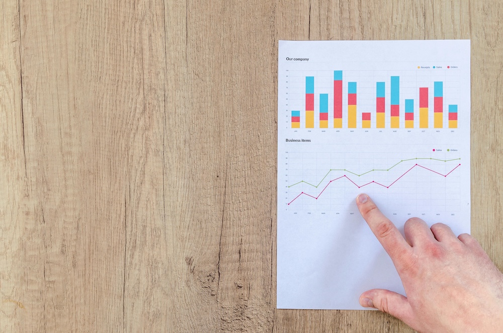 A hand pointing at a graph heading up and to the right