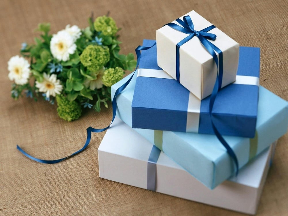 Colorful blue and white-wrapped eco-friendly gift packages