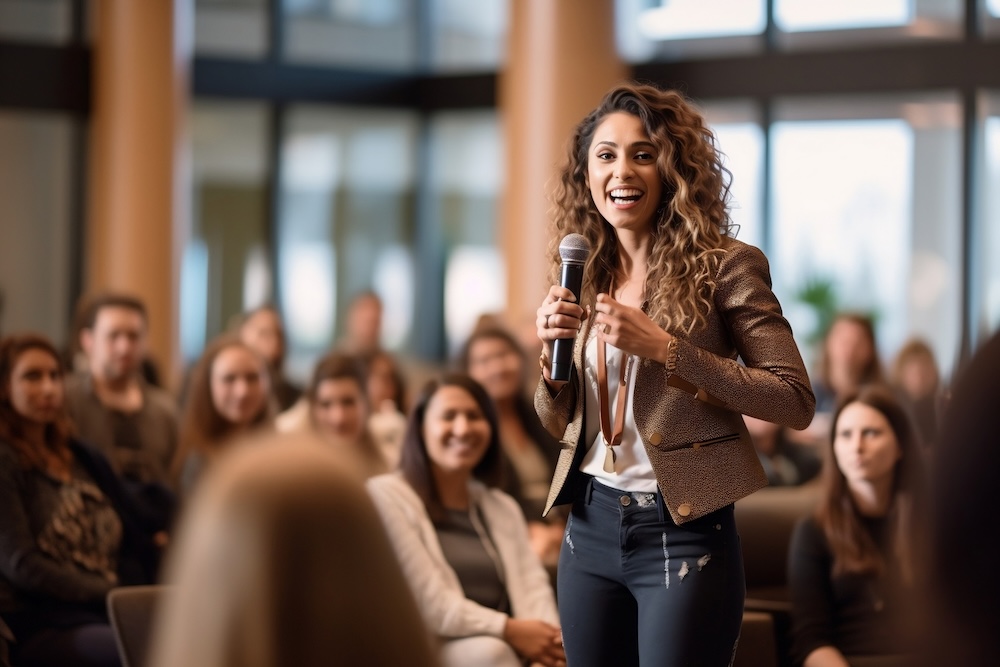A smiling woman giving an employee retirement speech in front of a smiling crowd