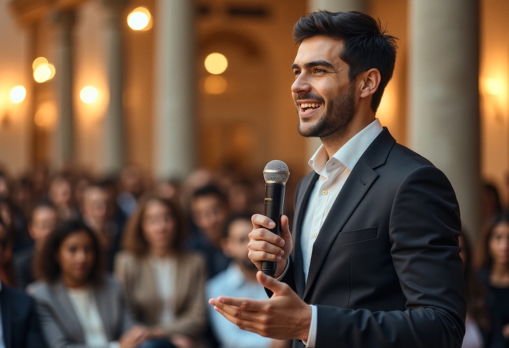 Smiling man with a microphone in focus in the foreground giving an employee retirement speech to colleagues blurred in the background