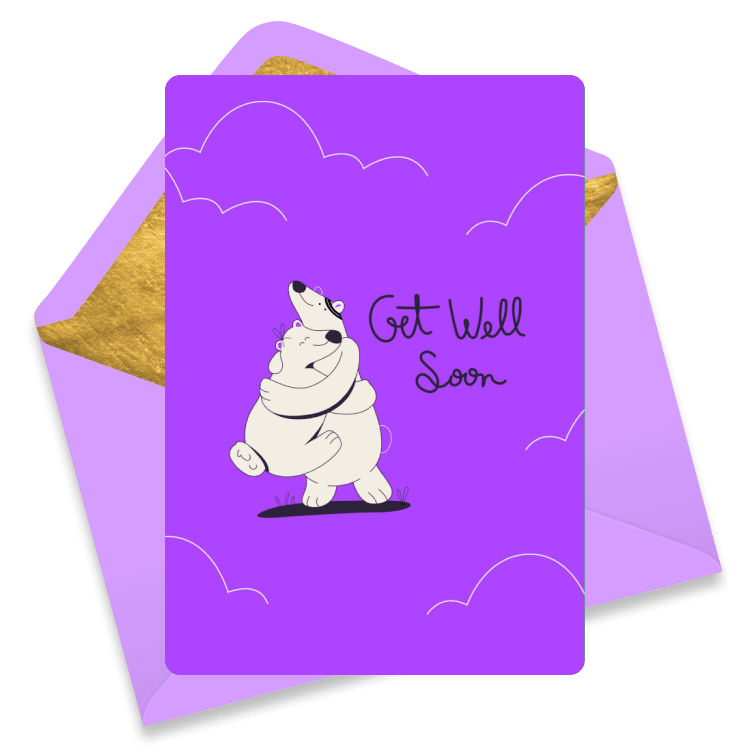 Charming get well eCard with a purple background featuring a smiling cartoon polar bear wrapped in a cozy hug, surrounded by cloud outlines and handwritten “Get Well Soon” text
