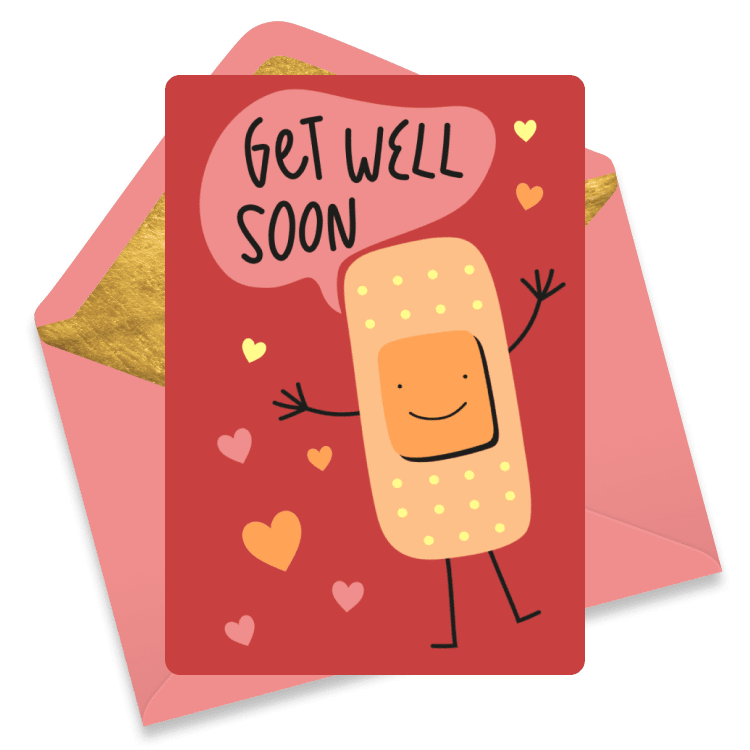 Cute get well eCard featuring a smiling cartoon bandage with arms and legs, surrounded by hearts on a red background, with a speech bubble that says “Get Well Soon.” A cheerful and lighthearted way to send healing wishes.