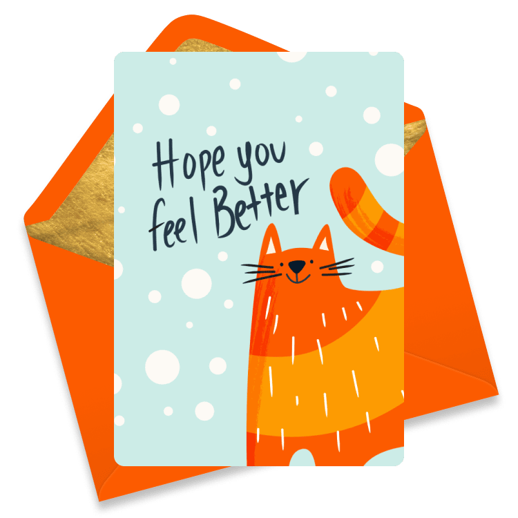 Whimsical get well eCard featuring a smiling orange cartoon cat with its tail raised, set against a light blue background with polka dots and handwritten-style text that reads “Hope you feel better.”