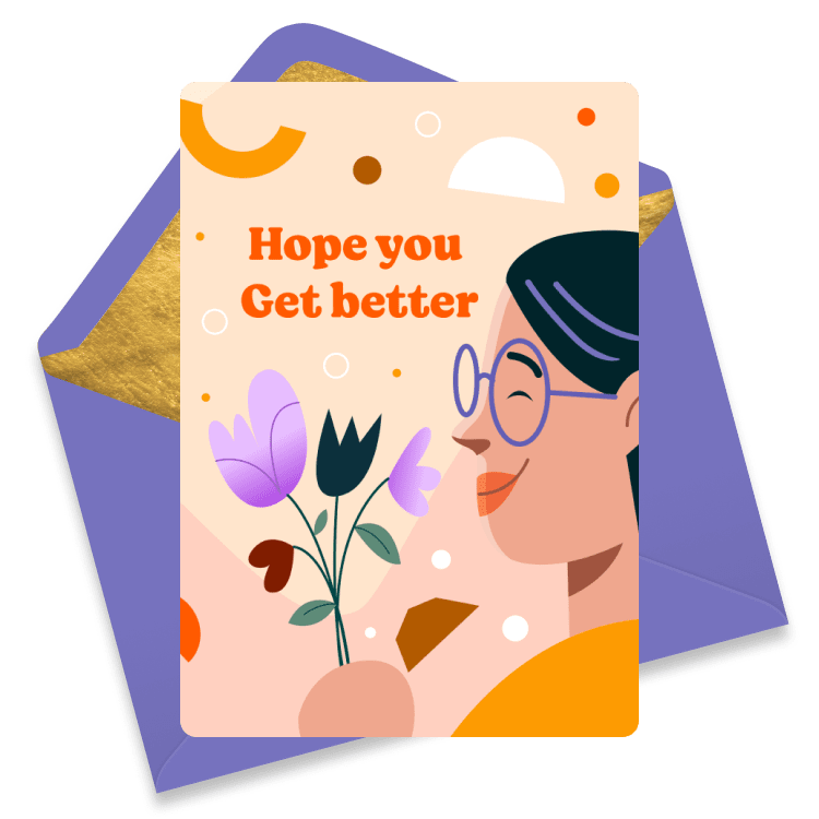 An illustrated get well card featuring colorful flowers and leaves with pastel purple and orange accents and the message 'Hope you get better'.