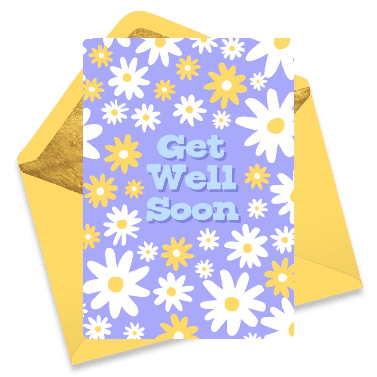 Illustrated get well card with white and yellow daisies on a lavender background and cheerful lettering that reads 'Get Well Soon', with a golden envelope behind it.