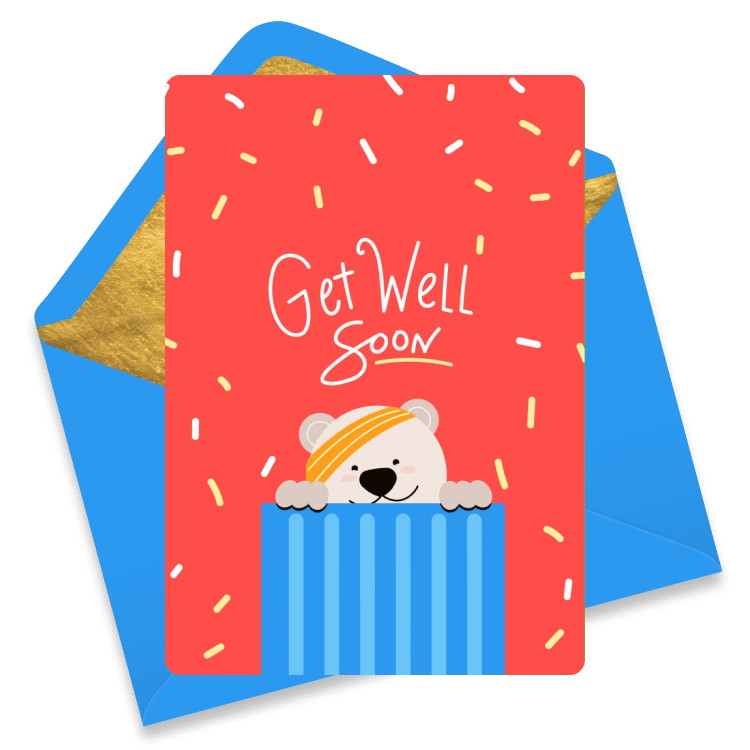 Red get well card with colorful confetti and a cute bear wearing a bandage on its head popping out of a blue striped gift bag, with a blue envelope behind. It reads 