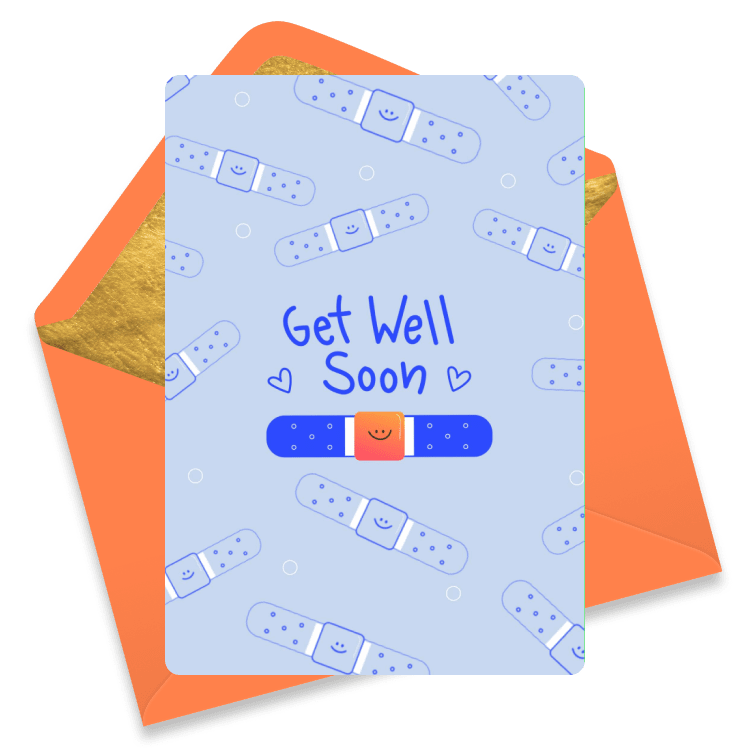 Playful get well eCard with a cheerful blue background featuring a pattern of smiling cartoon bandages and central text that reads “Get Well Soon” with heart doodles.