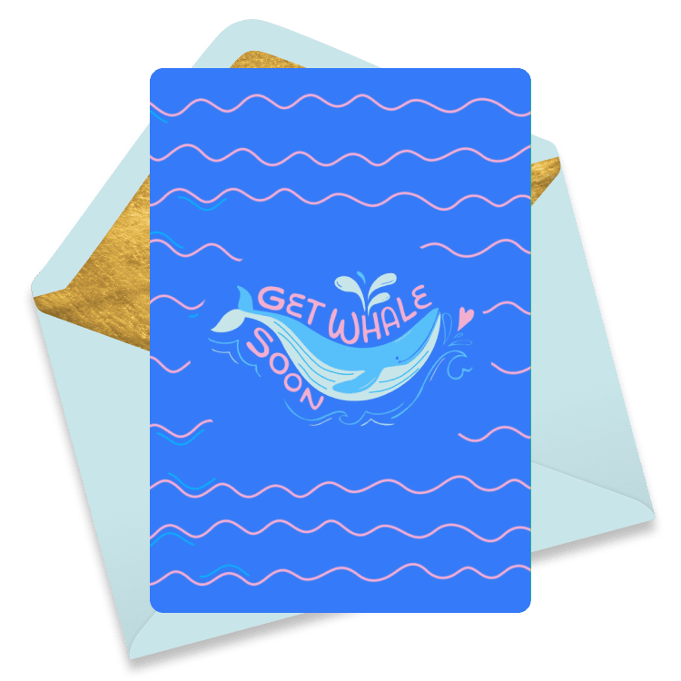 Oceanic get well card featuring soothing blue waves swirling across the design, paired with a bright orange envelope, with the aquatic words 