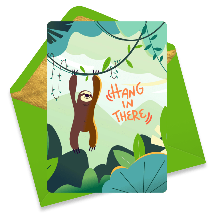 Green get well card featuring a sleepy sloth hanging from a leafy branch with a friendly smile, paired with a light green envelope. 