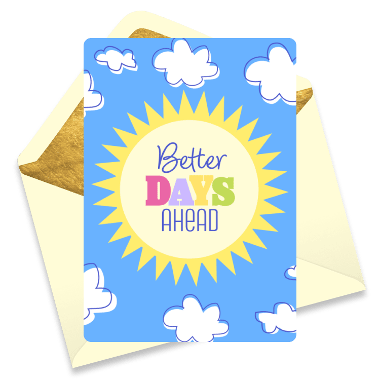 Bright get well card featuring a yellow sunburst with white clouds in a blue sky and a yellow envelope behind. Inside the sun reads 