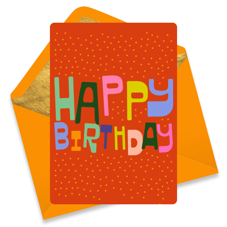 Bold and quirky birthday card with colorful retro letters on a red background – perfect for team celebrations and standout moments