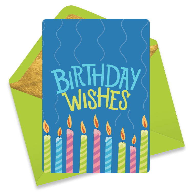 Colorful striped birthday candles with “Birthday Wishes” on a blue background – classic and festive group eCard.