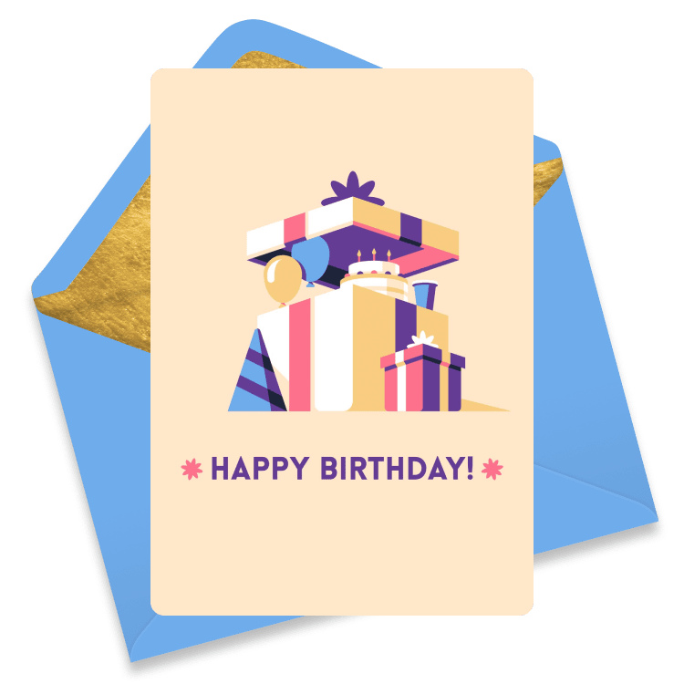 Opening a birthday gift box with balloons and a cake emerging.