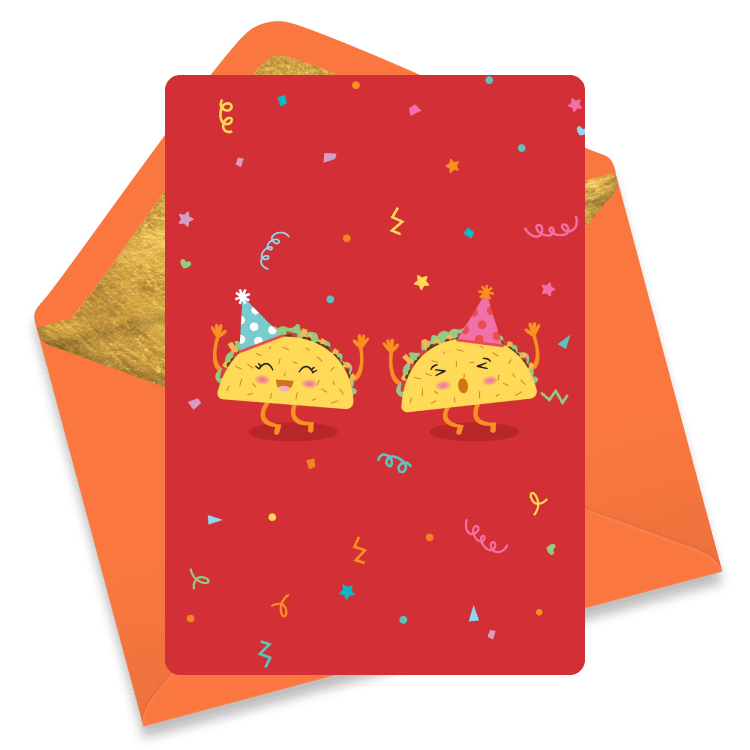 Two anthropomorphic tacos wearing birthday party hats dancing with their hands raised in celebration.