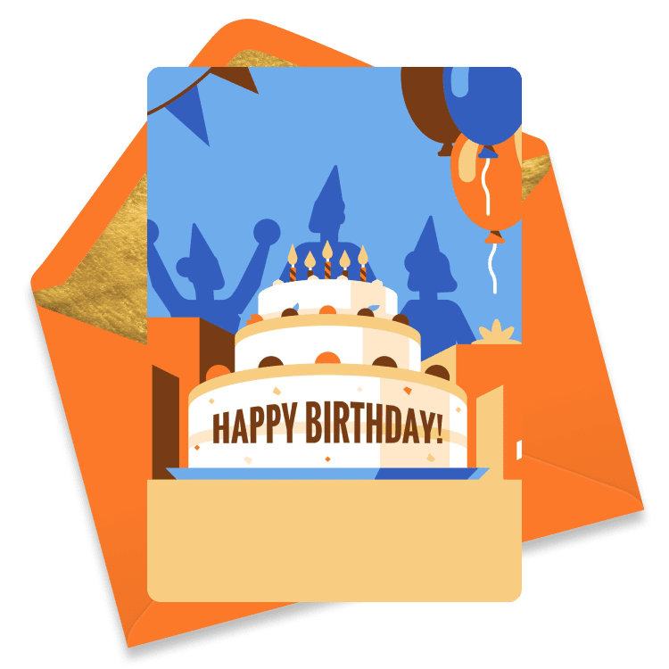 A giant three tiered birthday cake rises in front of the silhouettes of revelers.