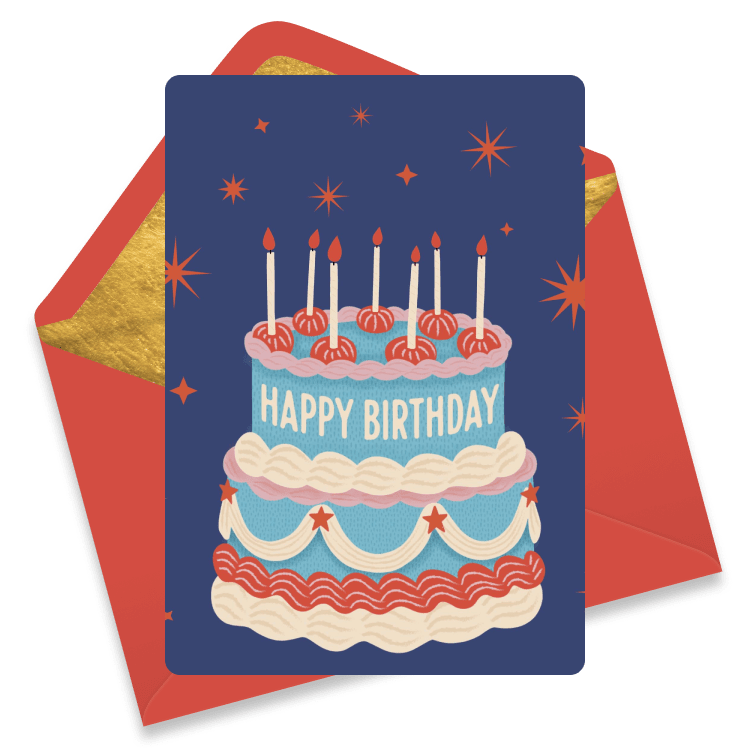 Vintage-style birthday cake card with candles and starbursts on navy background – charming and nostalgic eCard for coworkers and friends