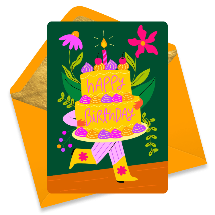 A person carrying a yellow & purple two-tiered birthday cake so large, you can only see the person's arms and legs.