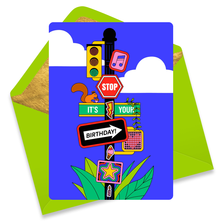 A black lamppost with bright and boldly colored traffic signs spelling 