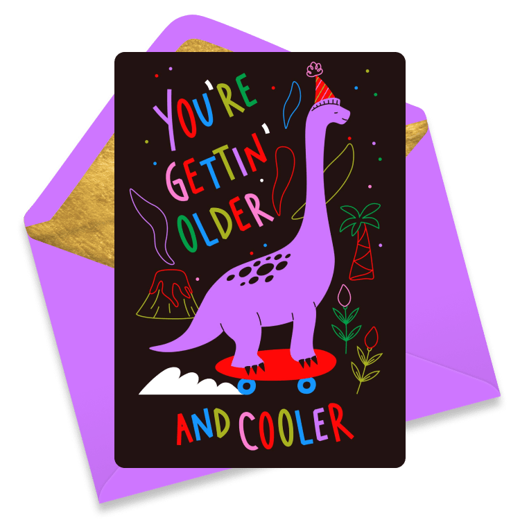 A purple brontosaurus rides a red skateboard against a black background, with the multicolored message 
