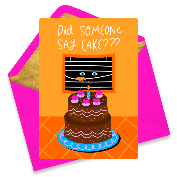 Did someone say cake??? A mysterious pair of blue eyes and a single hand peer through the blinds at a two-tiered chocolate birthday cake.
