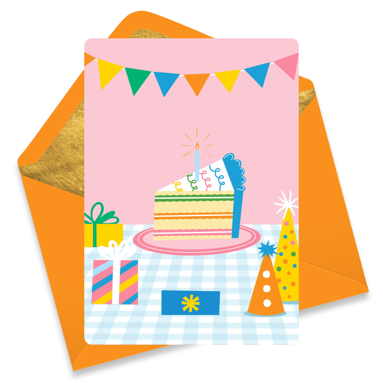 A slice of cake with a candle, colorful gifts, party hats, and bunting on a pastel-checkered table