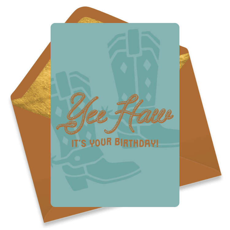 Western-themed birthday card with “Yee Haw” message and cowboy boots – a fun pick for office parties with personality.