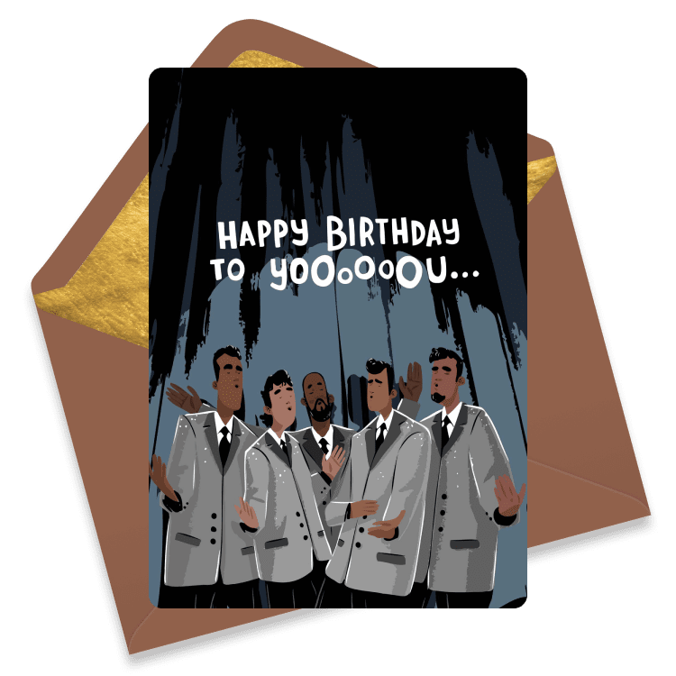 A 1950s-style doowop group dressed in shimmering silver suits harmonizing 