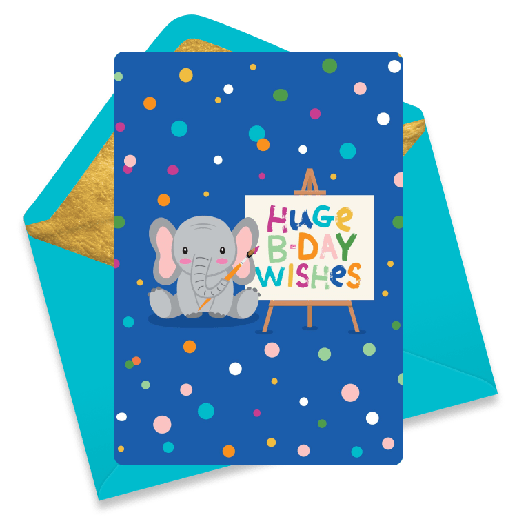 Adorable sitting elephant with a paintbrush, polka dot confetti, and a hand-painted sign that says “HUGE B-DAY WISHES