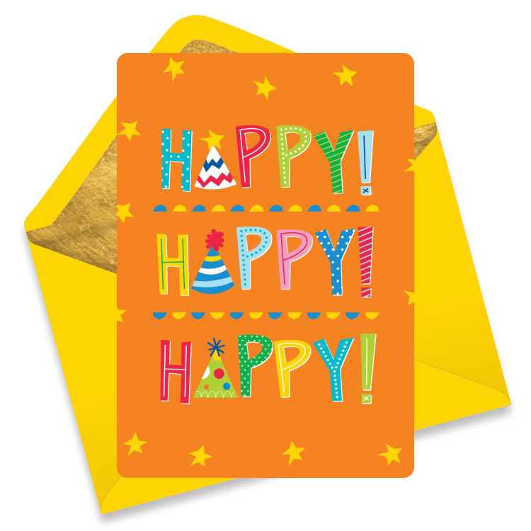 Bright orange birthday card with stacked “Happy!” text and party hats – playful and loud digital greeting.