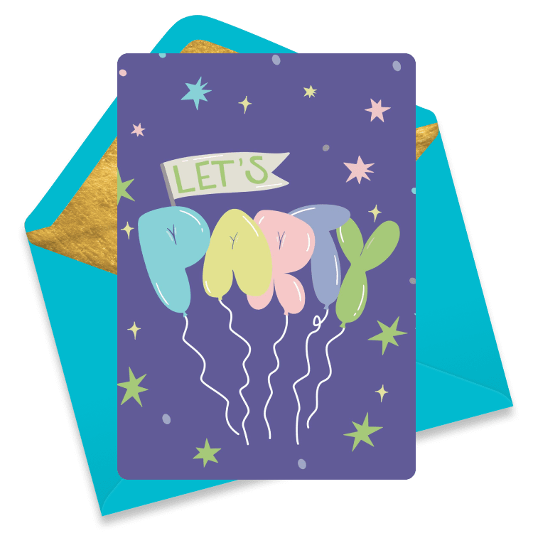 “Let’s Party” birthday eCard with pastel balloon letters on a purple starry background – festive and fun for group celebrations.
