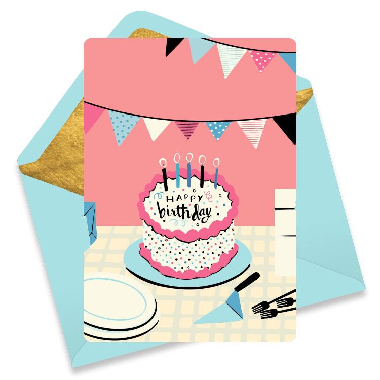 Chic birthday cake scene with table setting and bunting banner – modern illustrated eCard for classy team birthdays.