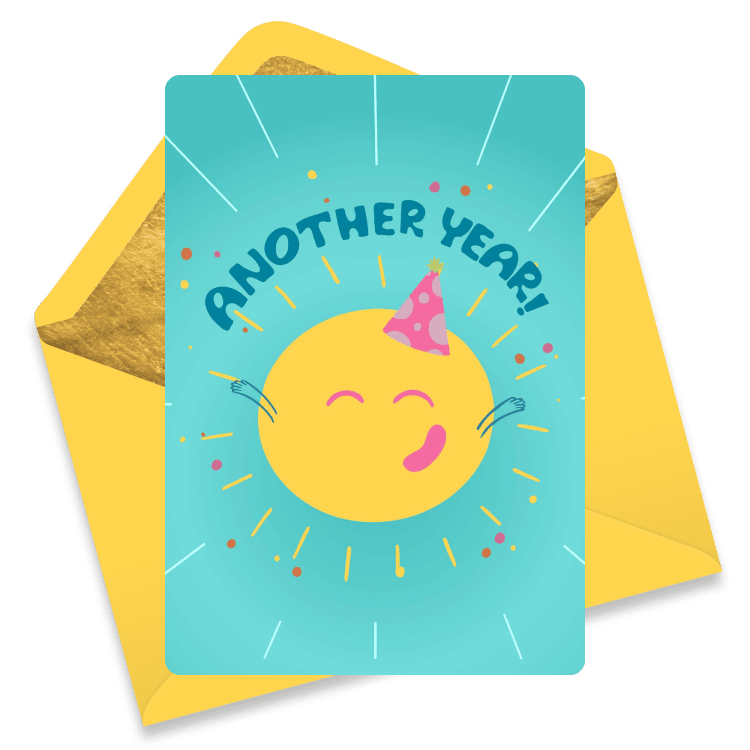 Smiling sun with party hat and “Another Year!” headline – bright, optimistic birthday eCard for workplace vibes.