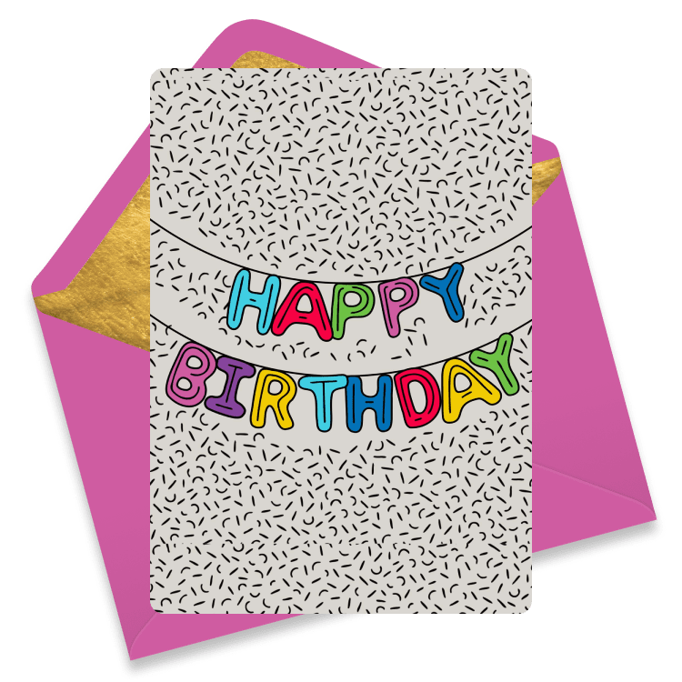 Playful birthday banner eCard with colorful block letters and confetti texture – a fun way to celebrate coworkers and friends | Kudoboard eCard