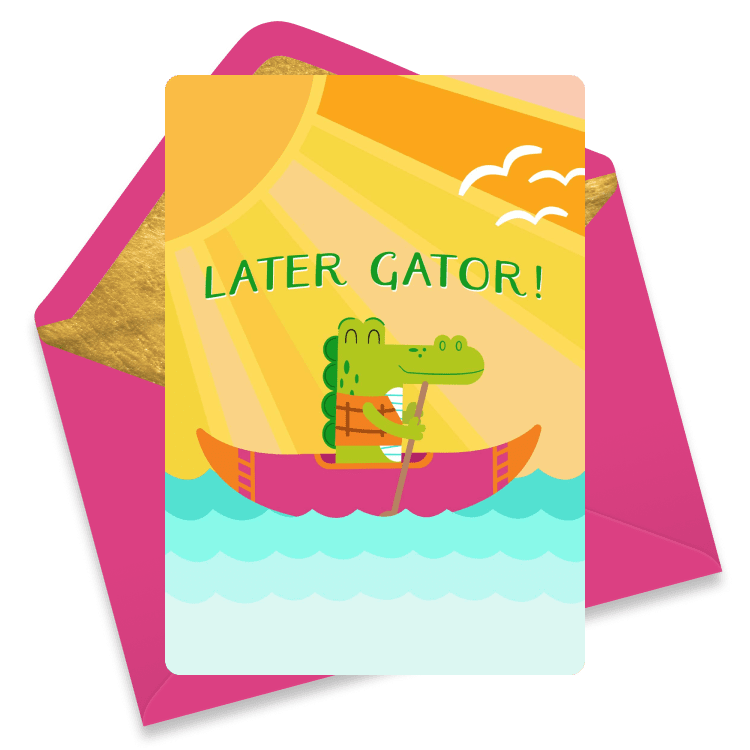 Farewell eCard featuring a cartoon alligator in a canoe with the message “Later Gator!” under a sunny sky.