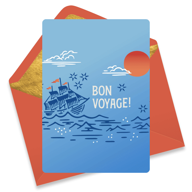 Blue farewell ecard on an orange envelope with a cheerful ship sailing into a sunset and the message 